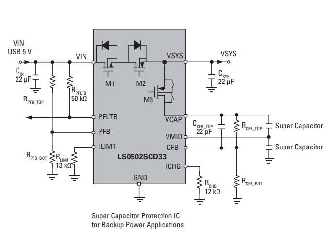 Application Circuit Diagram - Littelfuse LS0502SCD33 Supercapacitor Protection IC Application Circuit Diagram - Littelfuse LS0502SCD33 Supercapacitor Protection IC